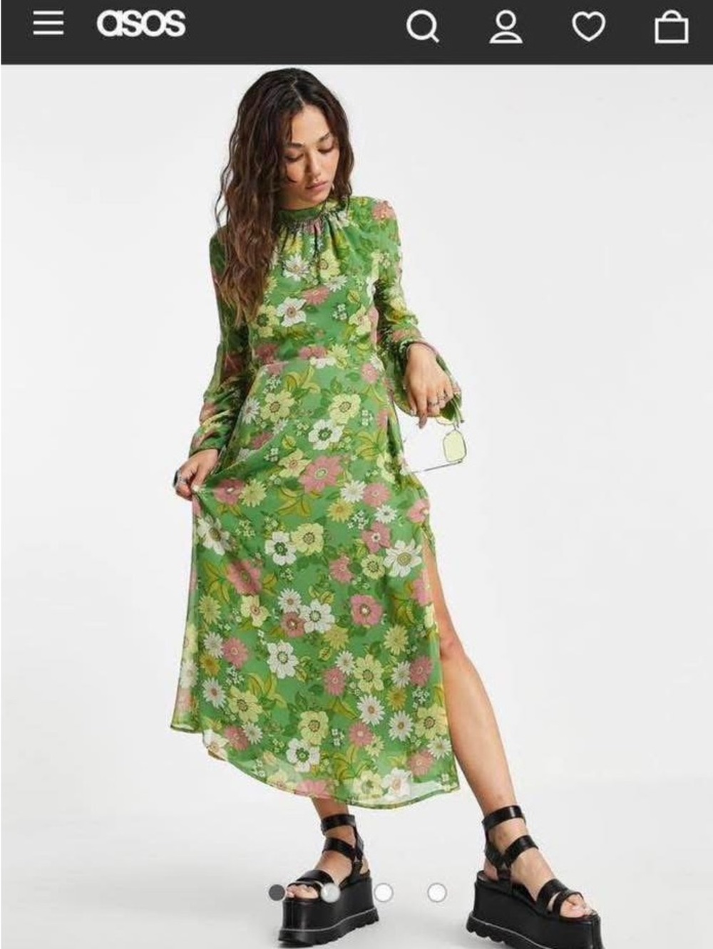 ASOS Green Floral Backless High-Neck Midi Dress with Pink & White Blooms